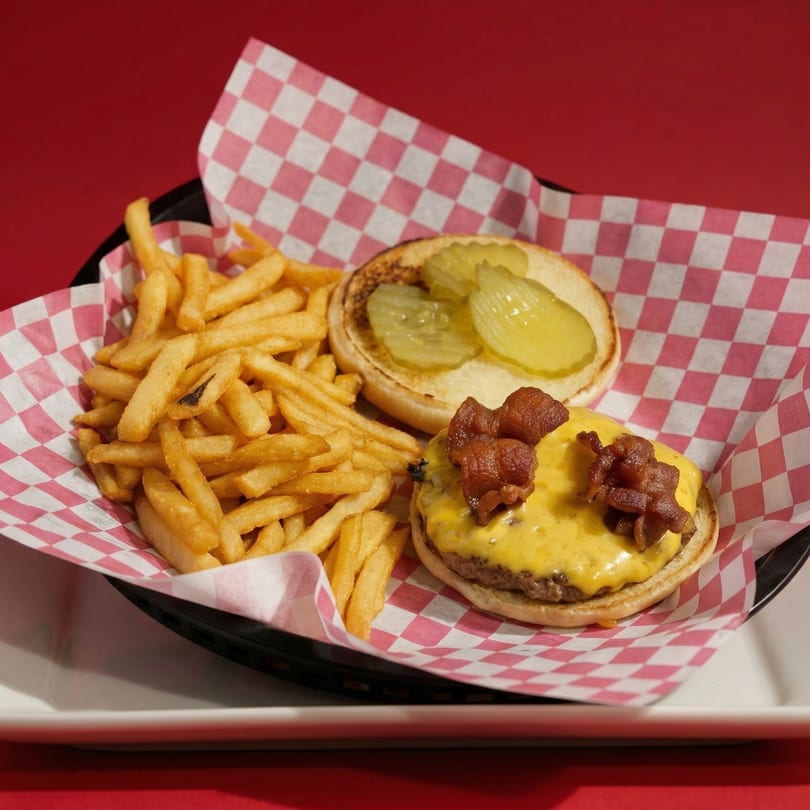 Cheeseburger with bacon and pickles, served open-faced with a side of fries in a basket.