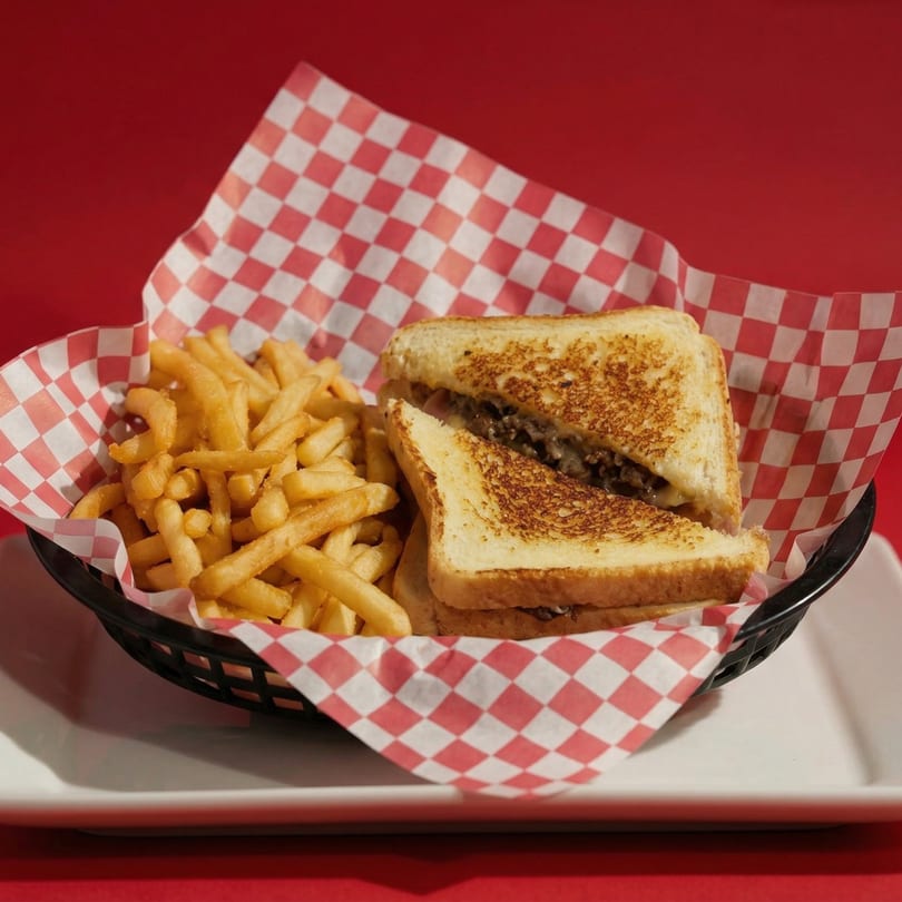 A basket of golden french fries and a grilled sandwich with meat and cheese on red and white checkered paper.